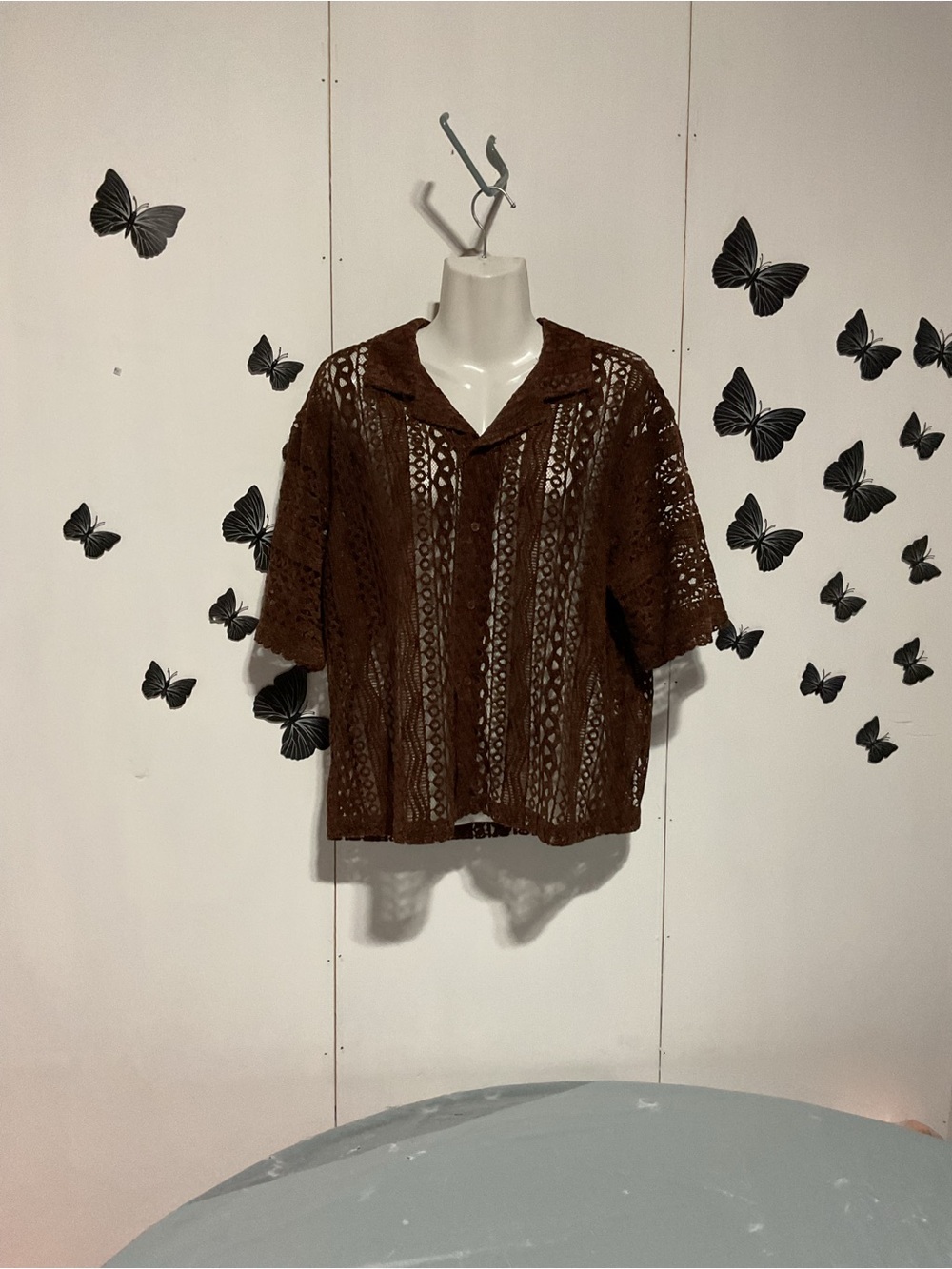 Brown Crochet Openwork Short-Sleeve Top